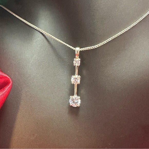 Sterling Silver Drop Pendant Necklace 3-Stone CZ - Picture 2 of 9